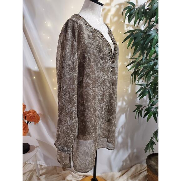 Chicos Snake Print Tunic Top Tank Set Size 3 US XL 16/18 Beaded Sheer Beige - Picture 2 of 10